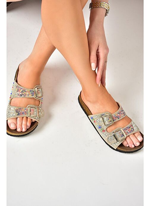 S777528302 Bej Süet Taşlı Kadın Terlik - Görsel 4