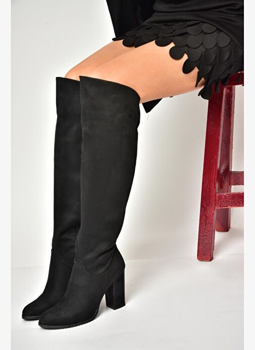 A654018002 Siyah Lüx Süet Kalın Topuklu Kadın Çizme - Görsel 2