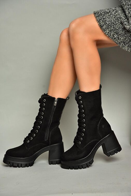 T973559002 Siyah Süet Kalın Topuklu Kadın Postal Bot - Görsel 3