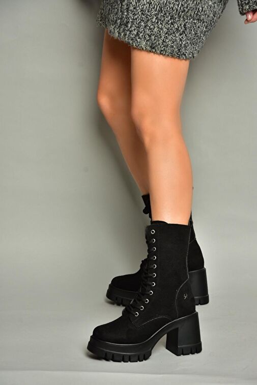 T973559002 Siyah Süet Kalın Topuklu Kadın Postal Bot - Görsel 4