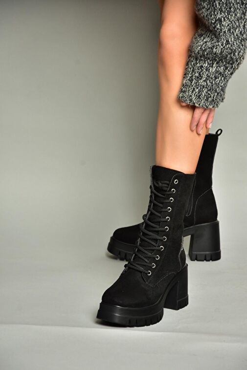 T973559002 Siyah Süet Kalın Topuklu Kadın Postal Bot - Görsel 5