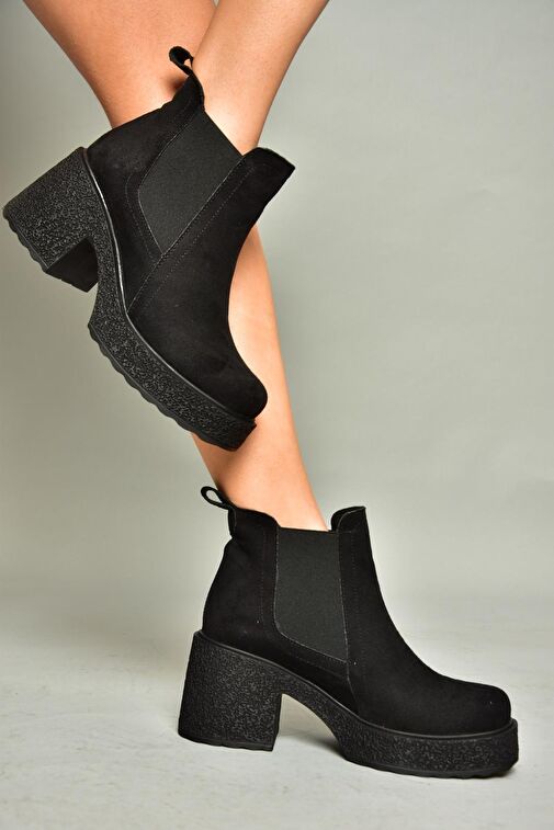 T996220002 Siyah Süet Kalın Topuklu Kadın Bot - Görsel 2