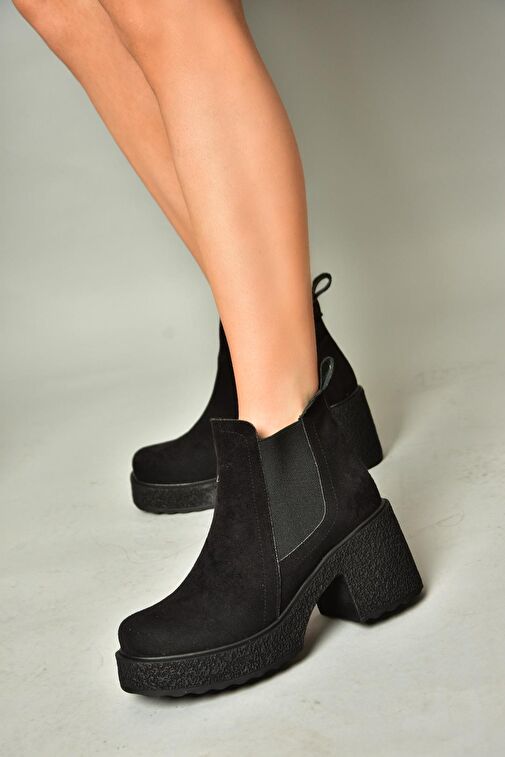 T996220002 Siyah Süet Kalın Topuklu Kadın Bot - Görsel 4