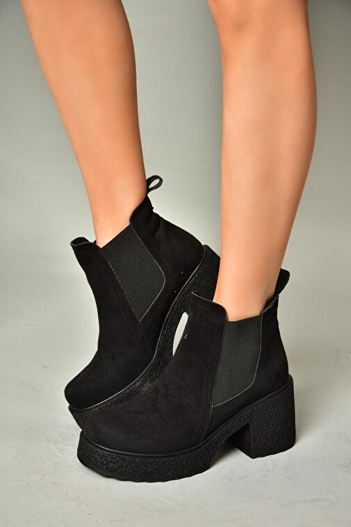 T996220002 Siyah Süet Kalın Topuklu Kadın Bot - Görsel 6