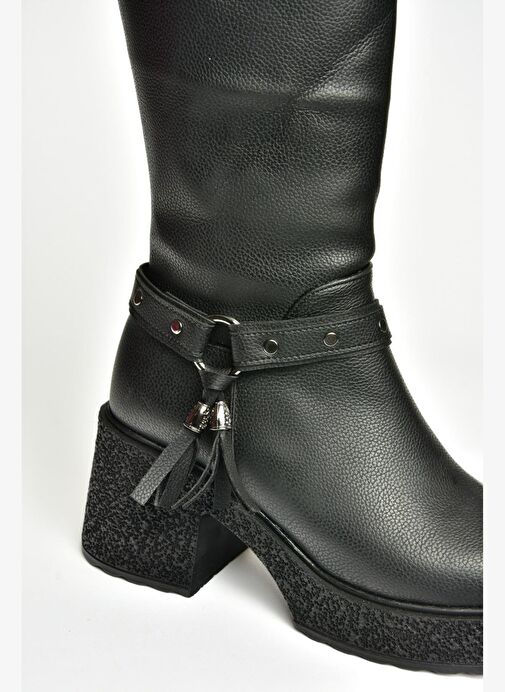 T996224009 Siyah Kalın Topuklu Kadın Çizme - Görsel 8