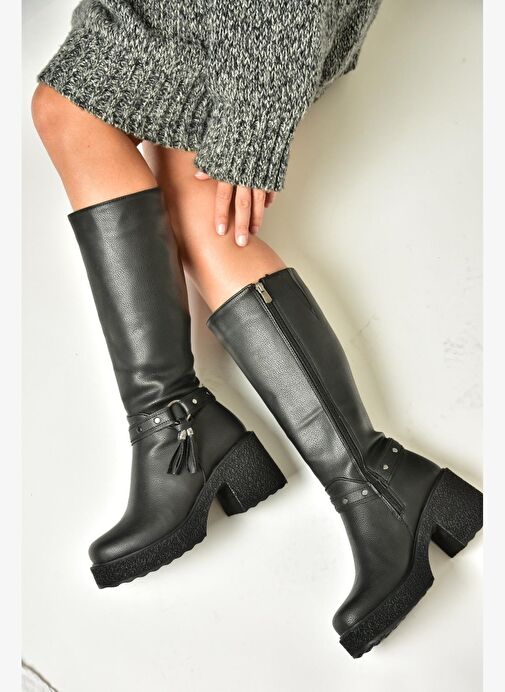 T996224009 Siyah Kalın Topuklu Kadın Çizme - Görsel 2