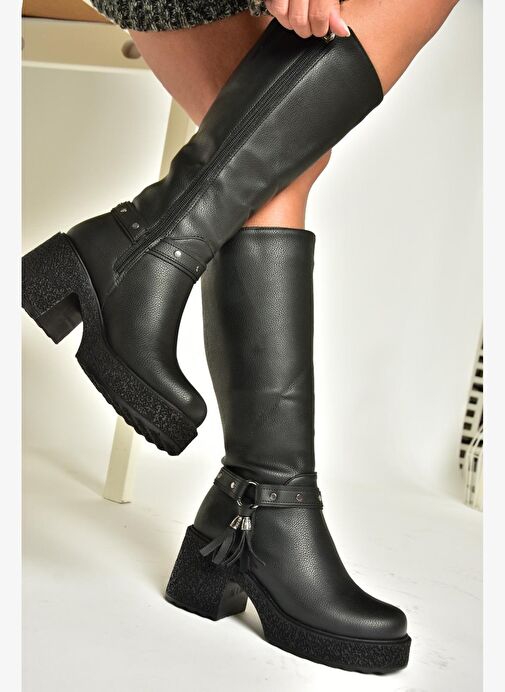 T996224009 Siyah Kalın Topuklu Kadın Çizme - Görsel 3