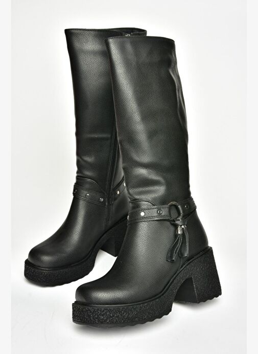 T996224009 Siyah Kalın Topuklu Kadın Çizme - Görsel 9