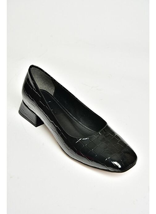 T590122611 Siyah Kroko Baskı Kalın Topuklu Kadın Ayakkabı - Görsel 6
