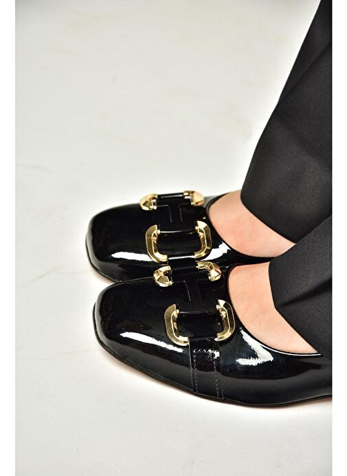 T590122808 Siyah Rugan Alçak Topuklu Kadın Ayakkabı - Görsel 5