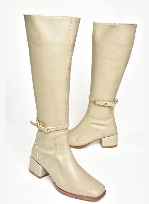 T590142609 Bej Kalın Topuklu Kadın Çizme - Görsel 7