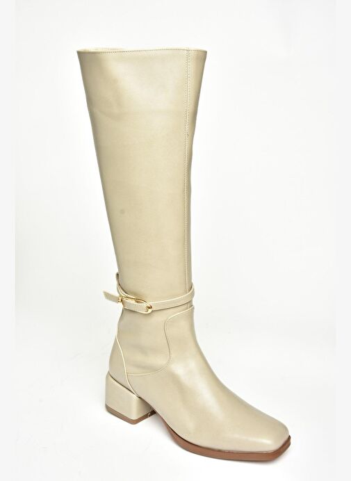 T590142609 Bej Kalın Topuklu Kadın Çizme - Görsel 9