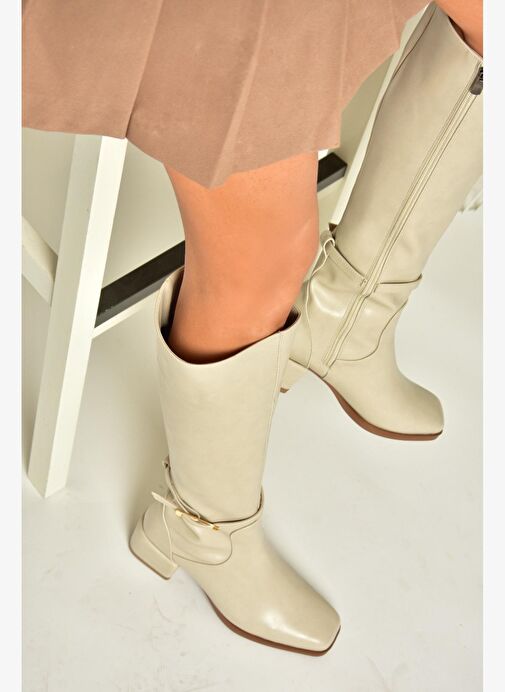 T590142609 Bej Kalın Topuklu Kadın Çizme - Görsel 6