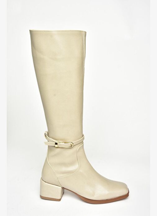 T590142609 Bej Kalın Topuklu Kadın Çizme - Görsel 8