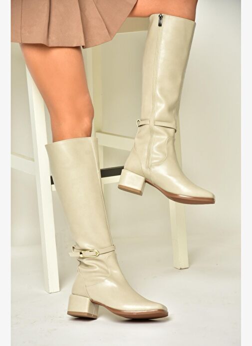 T590142609 Bej Kalın Topuklu Kadın Çizme - Görsel 3