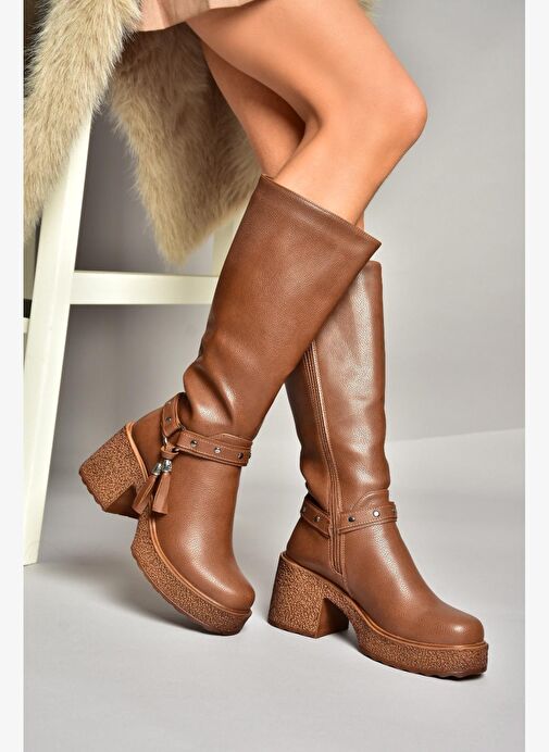 T996224009 Taba Kalın Topuklu Kadın Çizme - Görsel 4