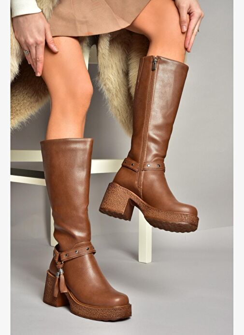 T996224009 Taba Kalın Topuklu Kadın Çizme - Görsel 3