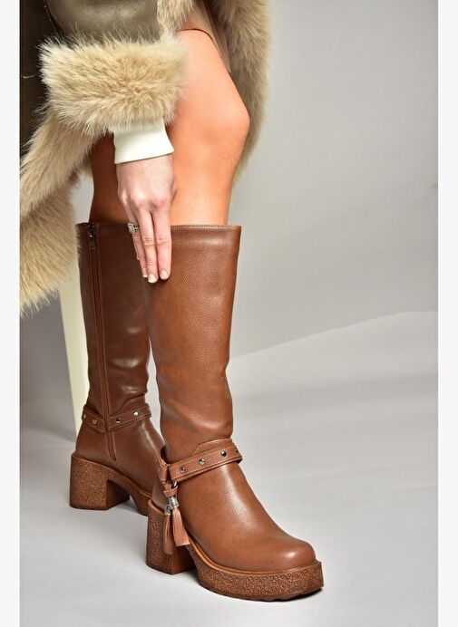 T996224009 Taba Kalın Topuklu Kadın Çizme - Görsel 2