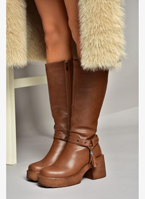 T996224009 Taba Kalın Topuklu Kadın Çizme - Görsel 5