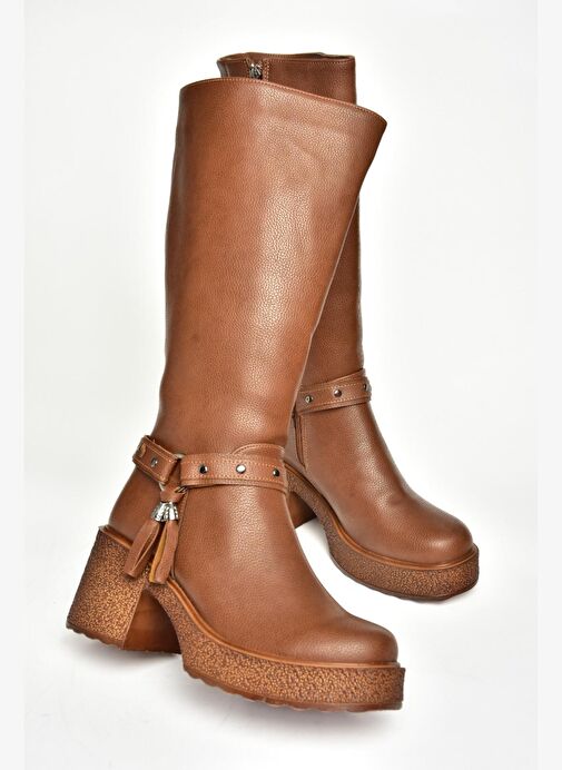 T996224009 Taba Kalın Topuklu Kadın Çizme - Görsel 8