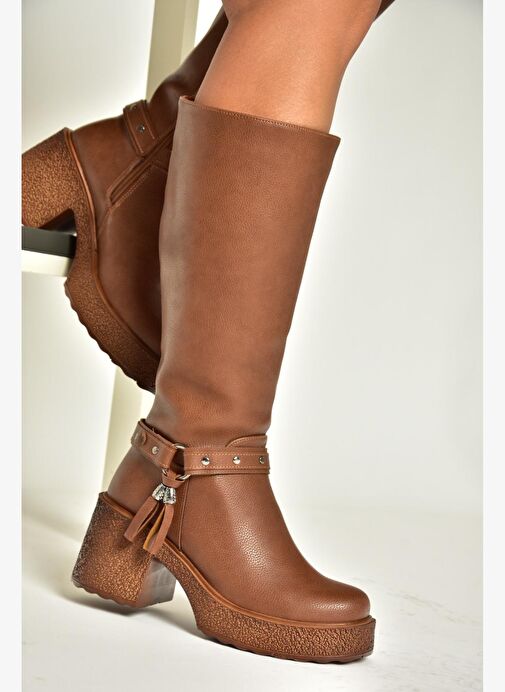 T996224009 Taba Kalın Topuklu Kadın Çizme - Görsel 7