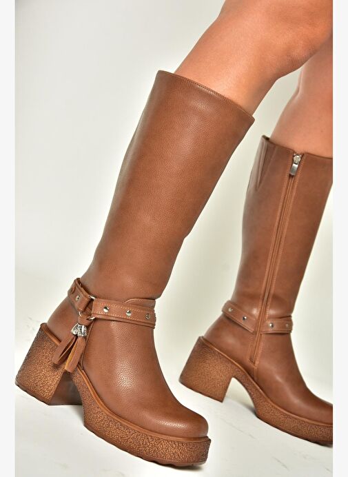 T996224009 Taba Kalın Topuklu Kadın Çizme - Görsel 6