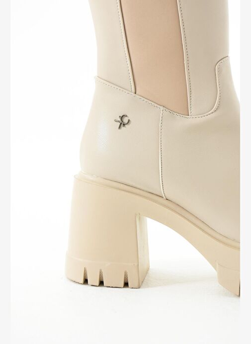 T973390009 Bej Kalın Topuklu Kadın Çizme - Görsel 9