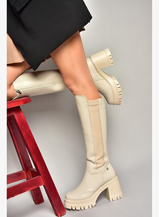 T973390009 Bej Kalın Topuklu Kadın Çizme - Görsel 2