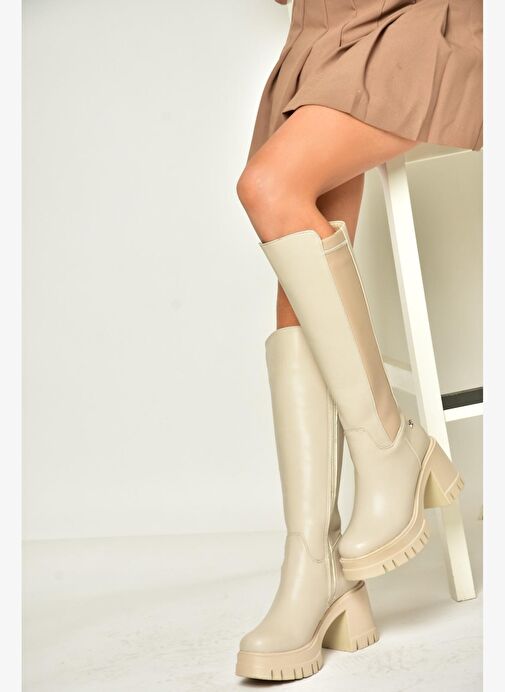 T973390009 Bej Kalın Topuklu Kadın Çizme - Görsel 5