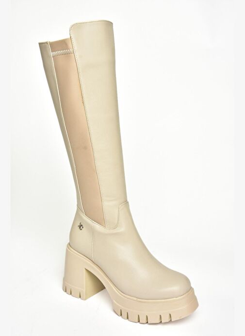 T973390009 Bej Kalın Topuklu Kadın Çizme - Görsel 8