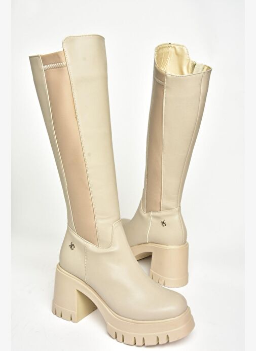 T973390009 Bej Kalın Topuklu Kadın Çizme - Görsel 6