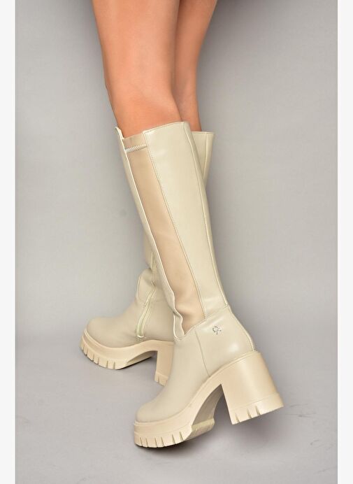 T973390009 Bej Kalın Topuklu Kadın Çizme - Görsel 3