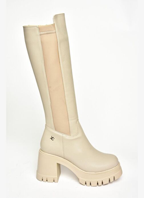 T973390009 Bej Kalın Topuklu Kadın Çizme - Görsel 7