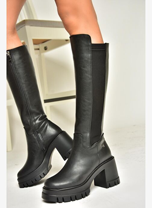 T973390009 Siyah Kalın Topuklu Kadın Çizme - Görsel 5