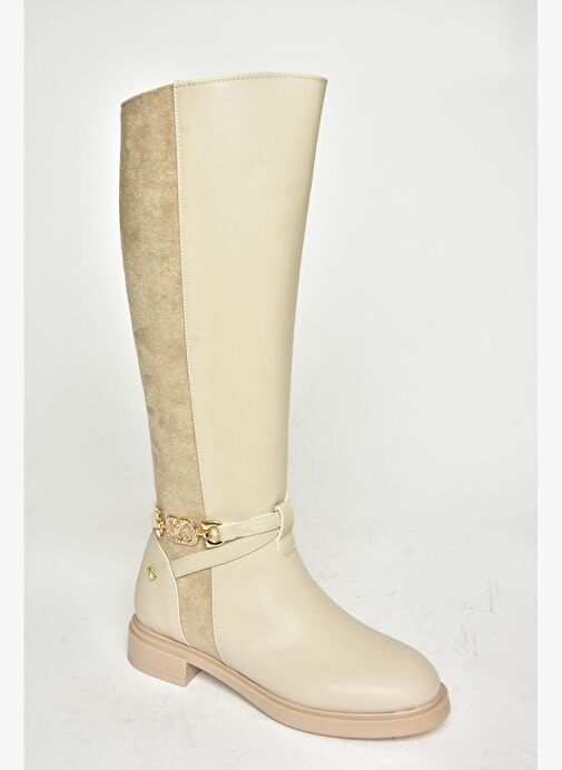 T973000909 Bej Alçak Tabanlı Kadın Çizme - Görsel 8
