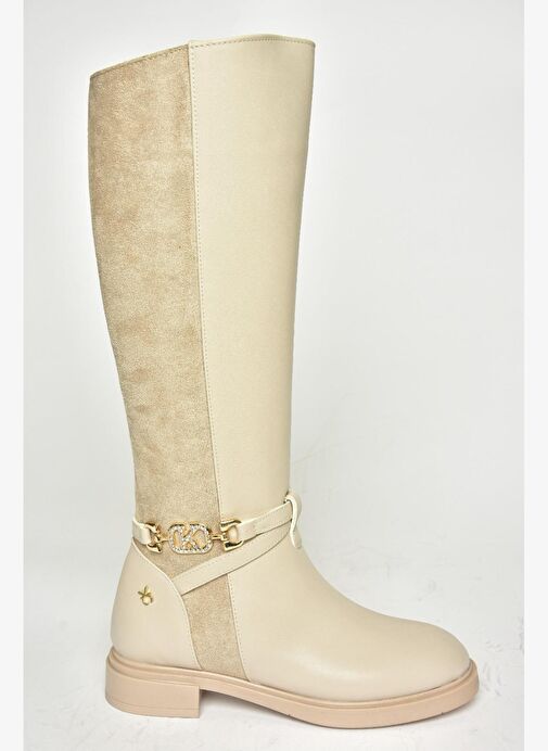 T973000909 Bej Alçak Tabanlı Kadın Çizme - Görsel 7