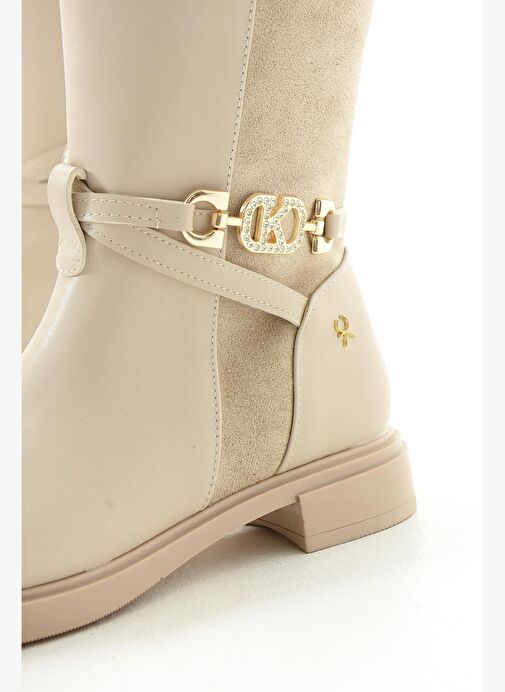 T973000909 Bej Alçak Tabanlı Kadın Çizme - Görsel 9