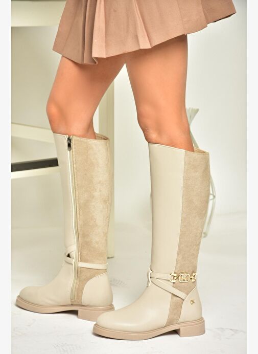 T973000909 Bej Alçak Tabanlı Kadın Çizme - Görsel 2