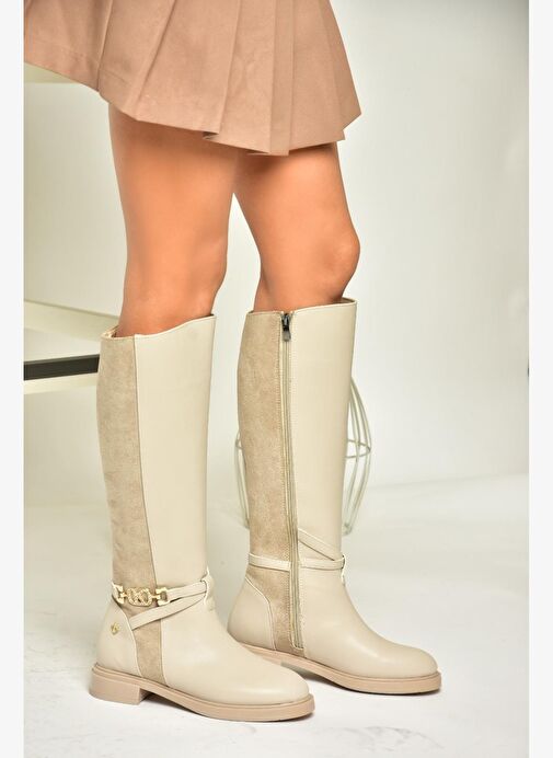 T973000909 Bej Alçak Tabanlı Kadın Çizme - Görsel 3