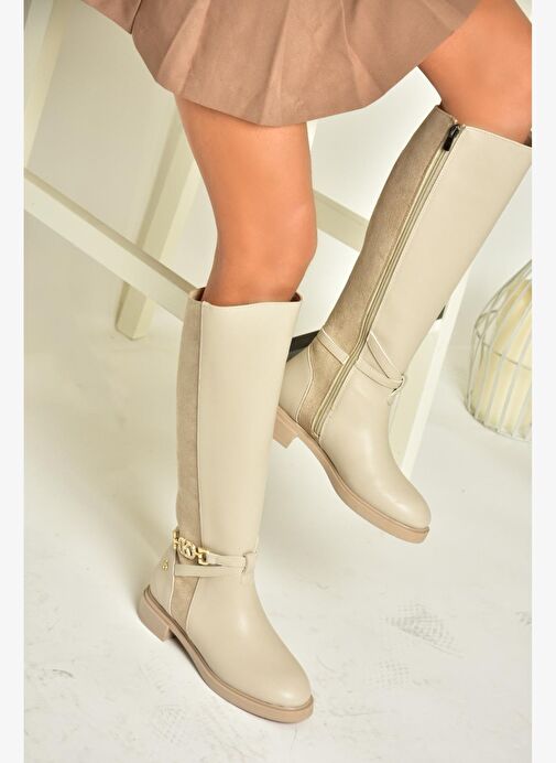 T973000909 Bej Alçak Tabanlı Kadın Çizme - Görsel 4