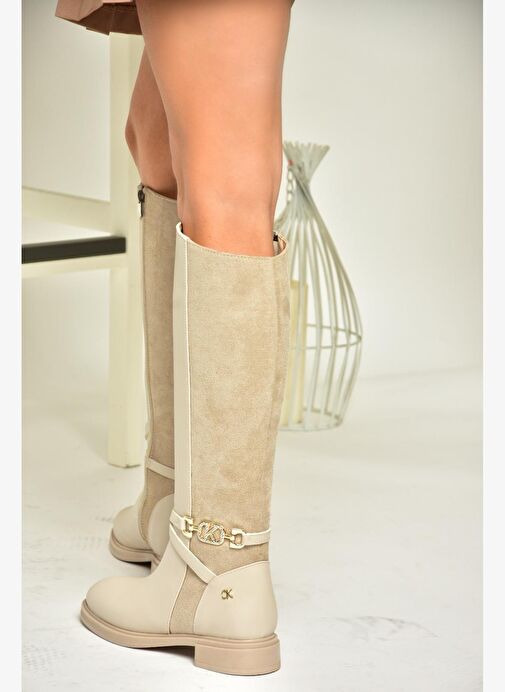 T973000909 Bej Alçak Tabanlı Kadın Çizme - Görsel 5