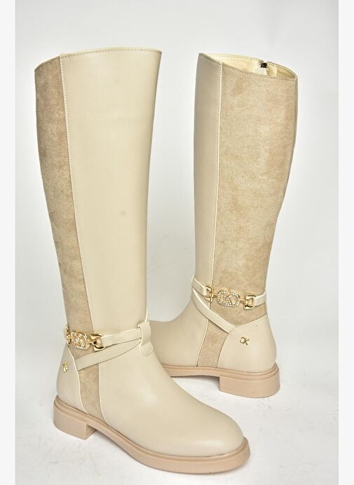 T973000909 Bej Alçak Tabanlı Kadın Çizme - Görsel 6