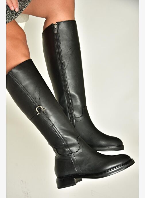 T973600609 Siyah Düz Taban Kadın Çizme - Görsel 7