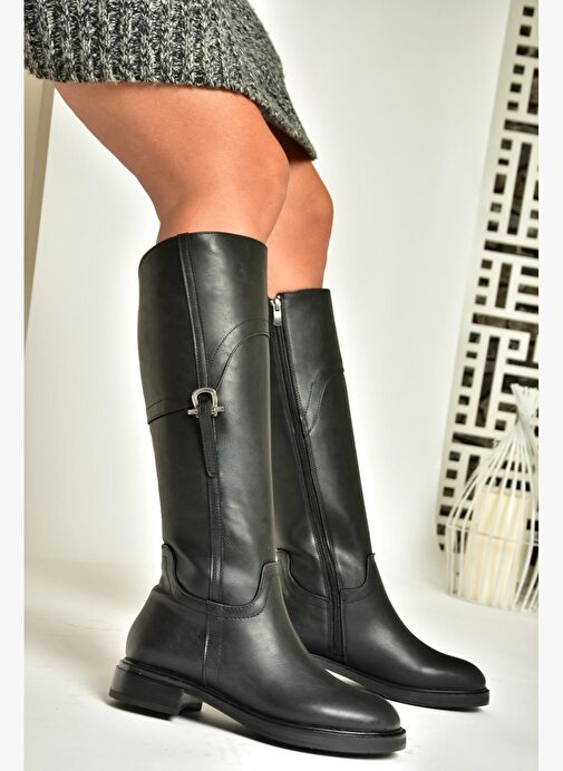 T973600609 Siyah Düz Taban Kadın Çizme - Görsel 2