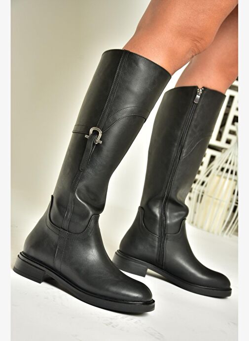 T973600609 Siyah Düz Taban Kadın Çizme - Görsel 4