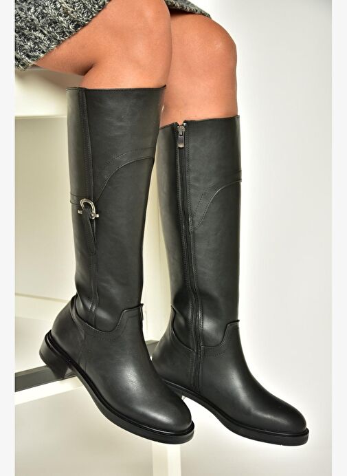 T973600609 Siyah Düz Taban Kadın Çizme - Görsel 6