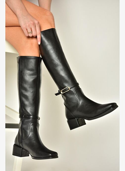 T590142609 Siyah Kalın Topuklu Kadın Çizme - Görsel 5