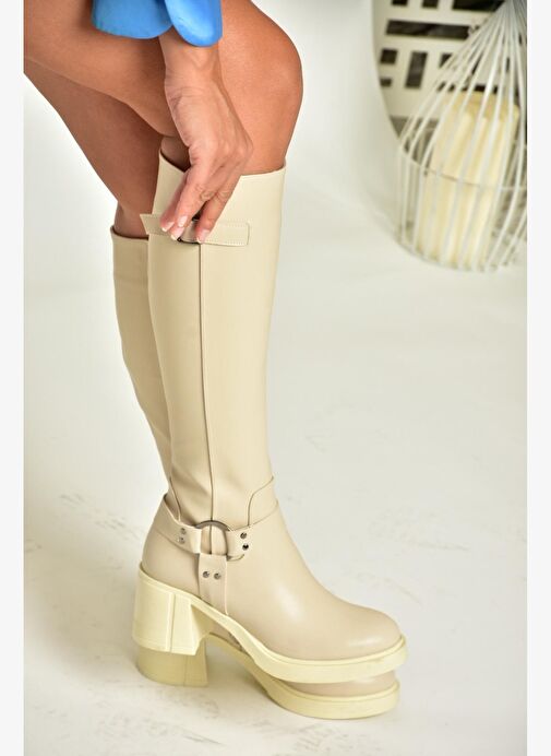 T282832009 Bej Kalın Topuklu Kadın Çizme - Görsel 4