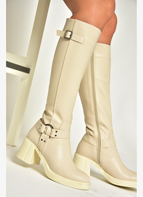 T282832009 Bej Kalın Topuklu Kadın Çizme - Görsel 2