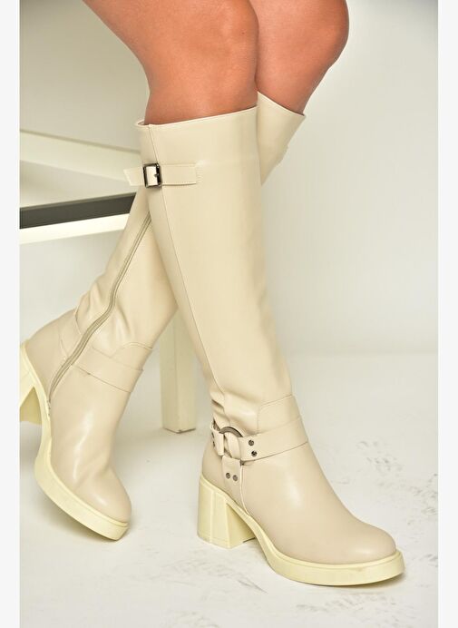 T282832009 Bej Kalın Topuklu Kadın Çizme - Görsel 3